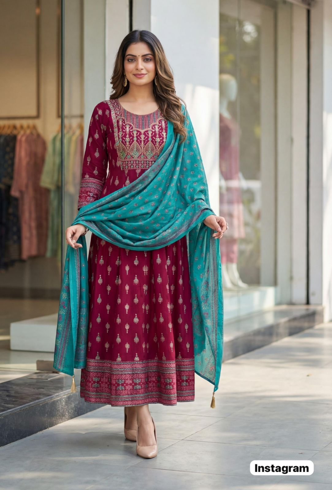 Aurelia Ethnic Glam: Heavy Rayon Anarkali Gown with Printed Chanderi Dupatta