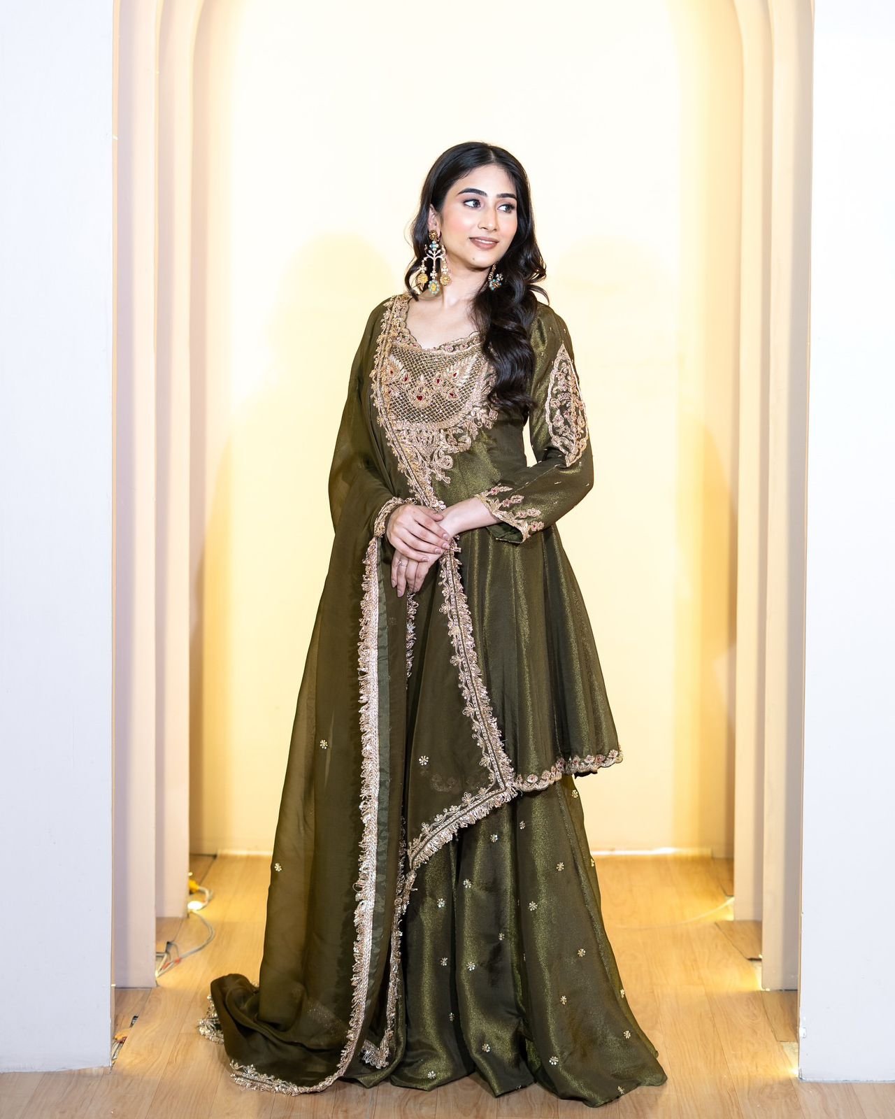 Simar Silk Splendor: Designer Embroidered Sharara Set with Scalloped Dupatta