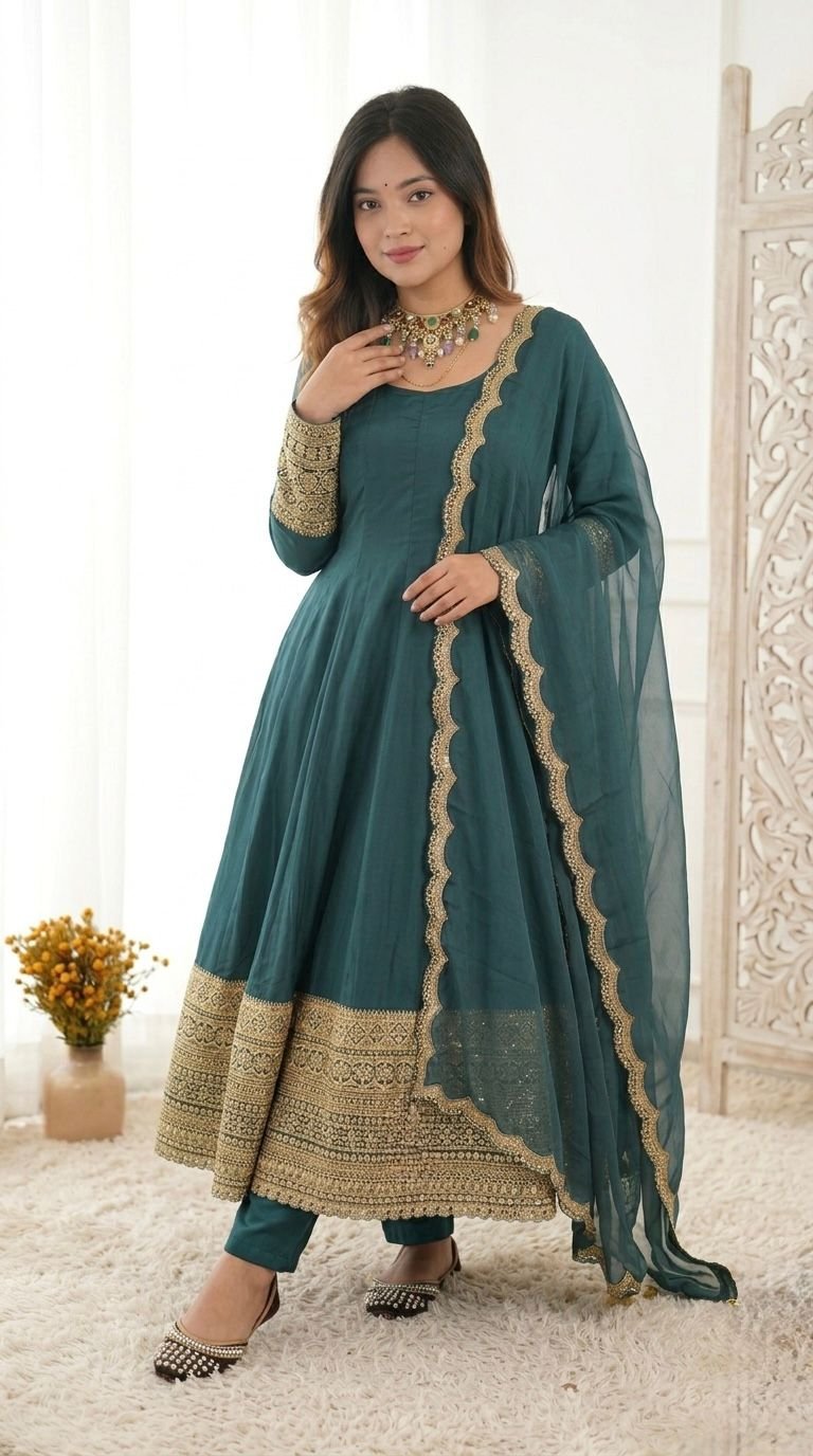Majestic Teal Crepe: Designer Anarkali Suit with Scalloped Tabby Organza Dupatta
