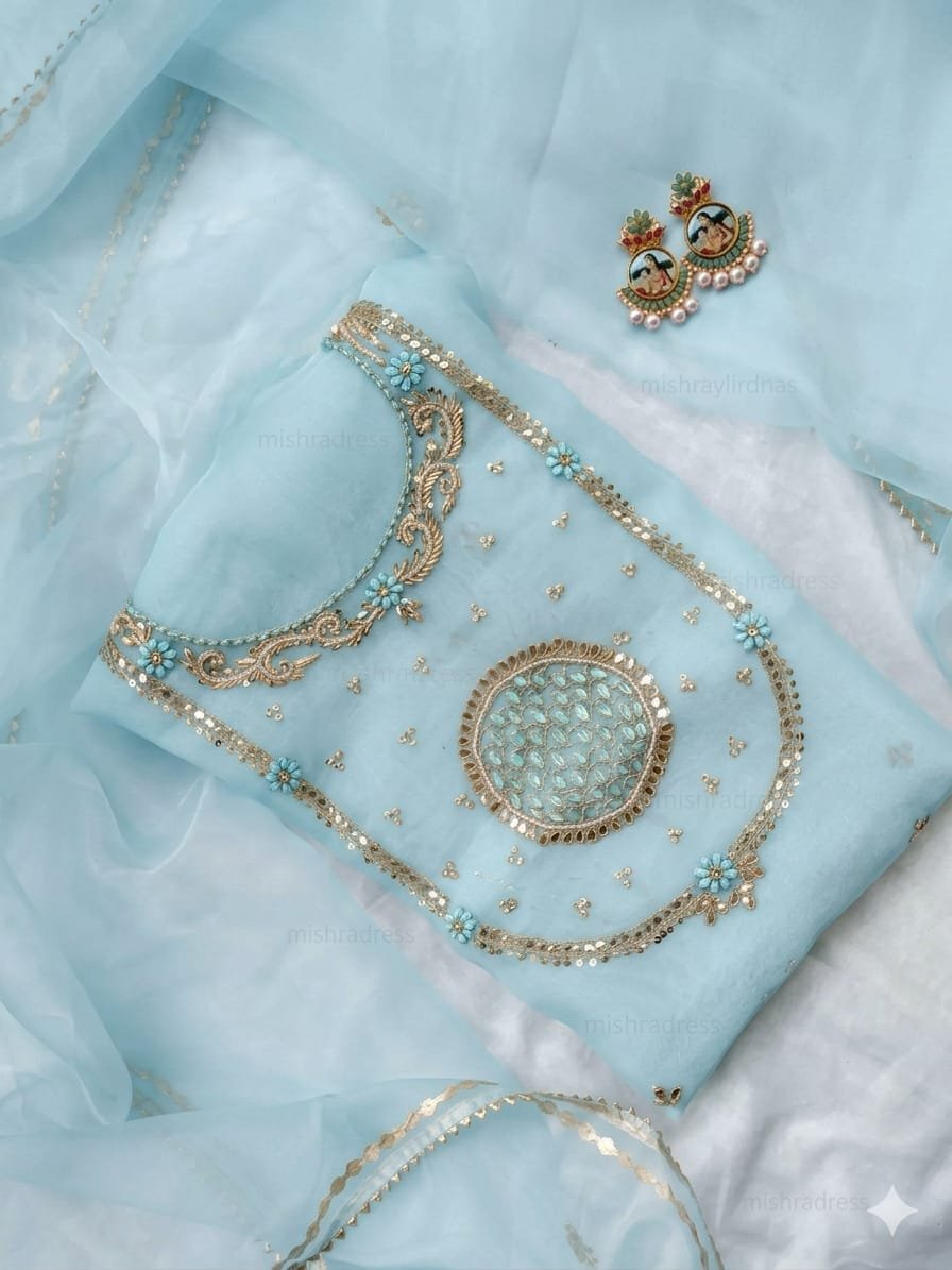 Zardosi Zenith: Handcrafted Organza Suit Set with Gota Lace Dupatta