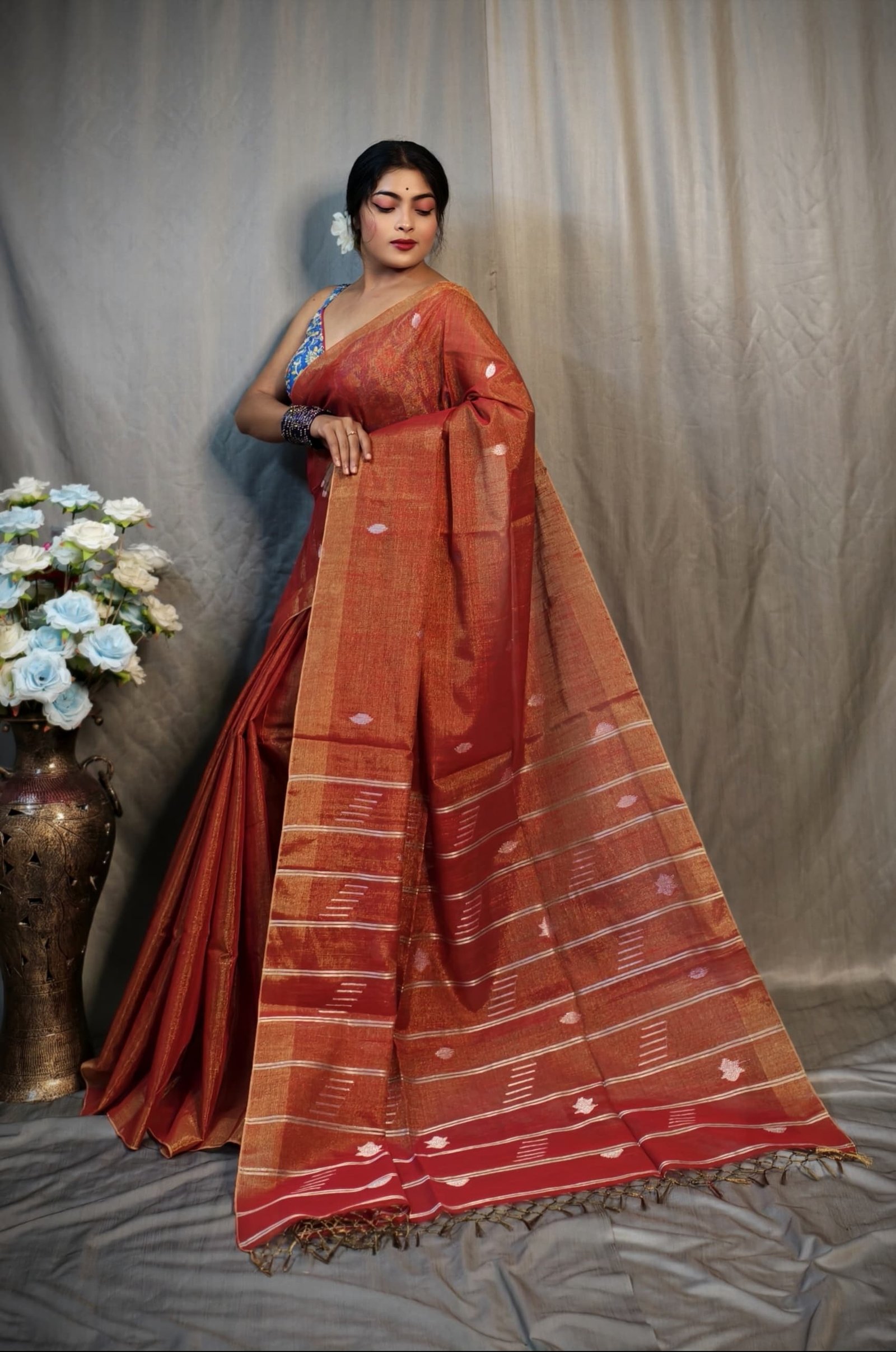 Handwoven Blended Tissue Linen Saree with Elegant Butti Work and Tassels