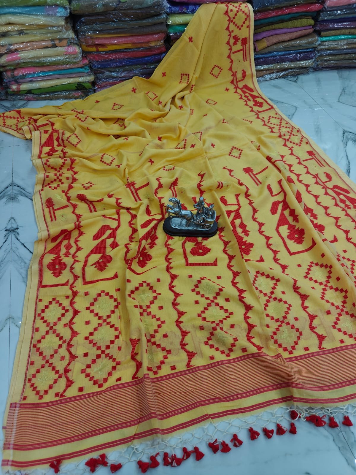Handwoven Pure Cotton Jamdani Saree with Intricate Thread Work and Tassels