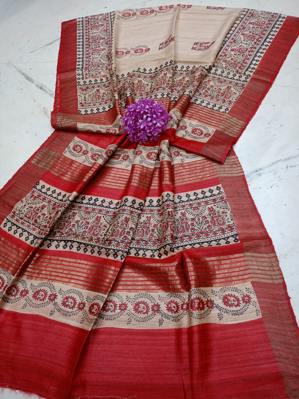 Handwoven Pure Ghicha Tussar Silk Saree with Traditional Hand-Block Prints
