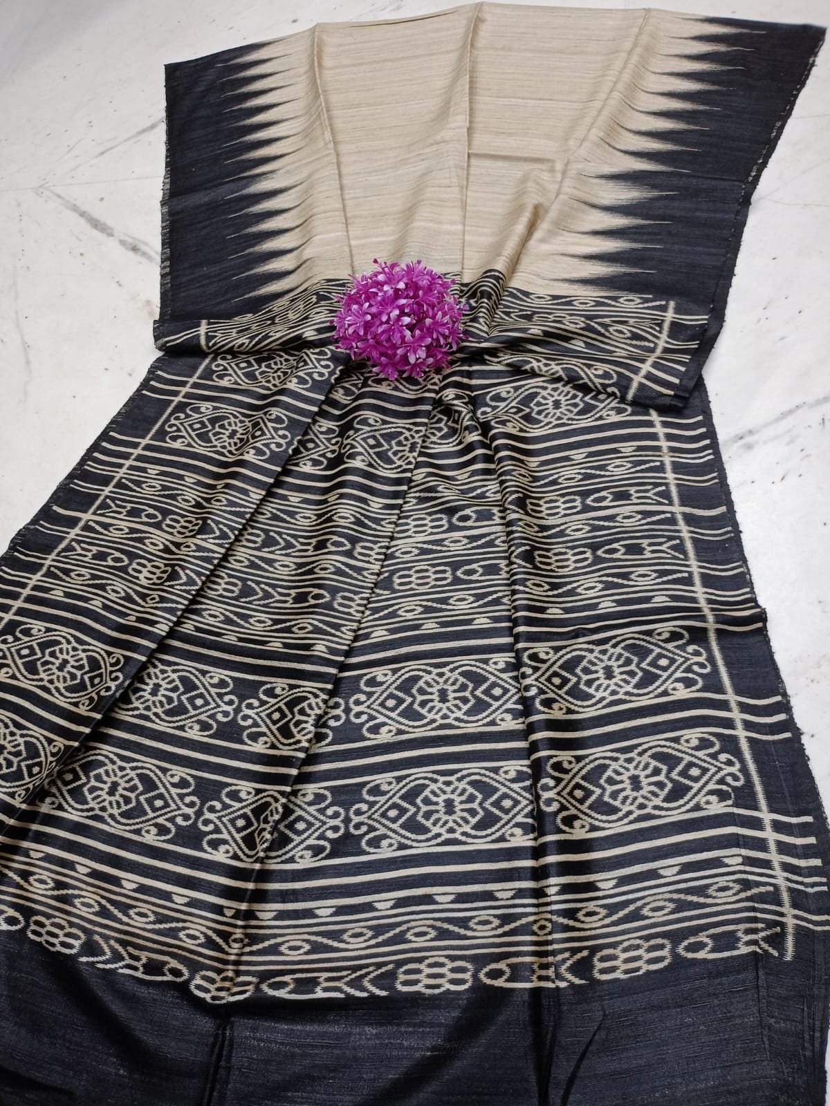 Handwoven Pure Ghicha Tussar Silk Sambalpuri Ikkat Saree with Traditional Temple Borders