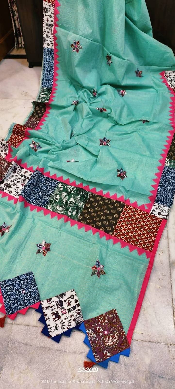 Handloom Pure Cotton Zari Check Saree with Premium Ajrakh Applique Work