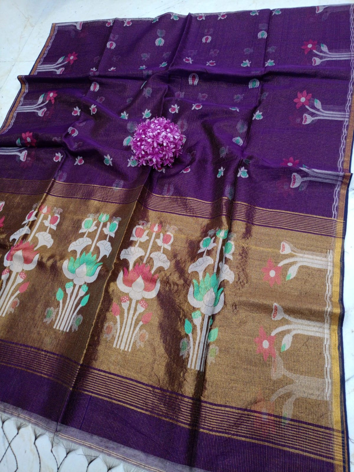 Premium Handloom Pure Tissue Linen Saree with Elegant Floral Woven Work