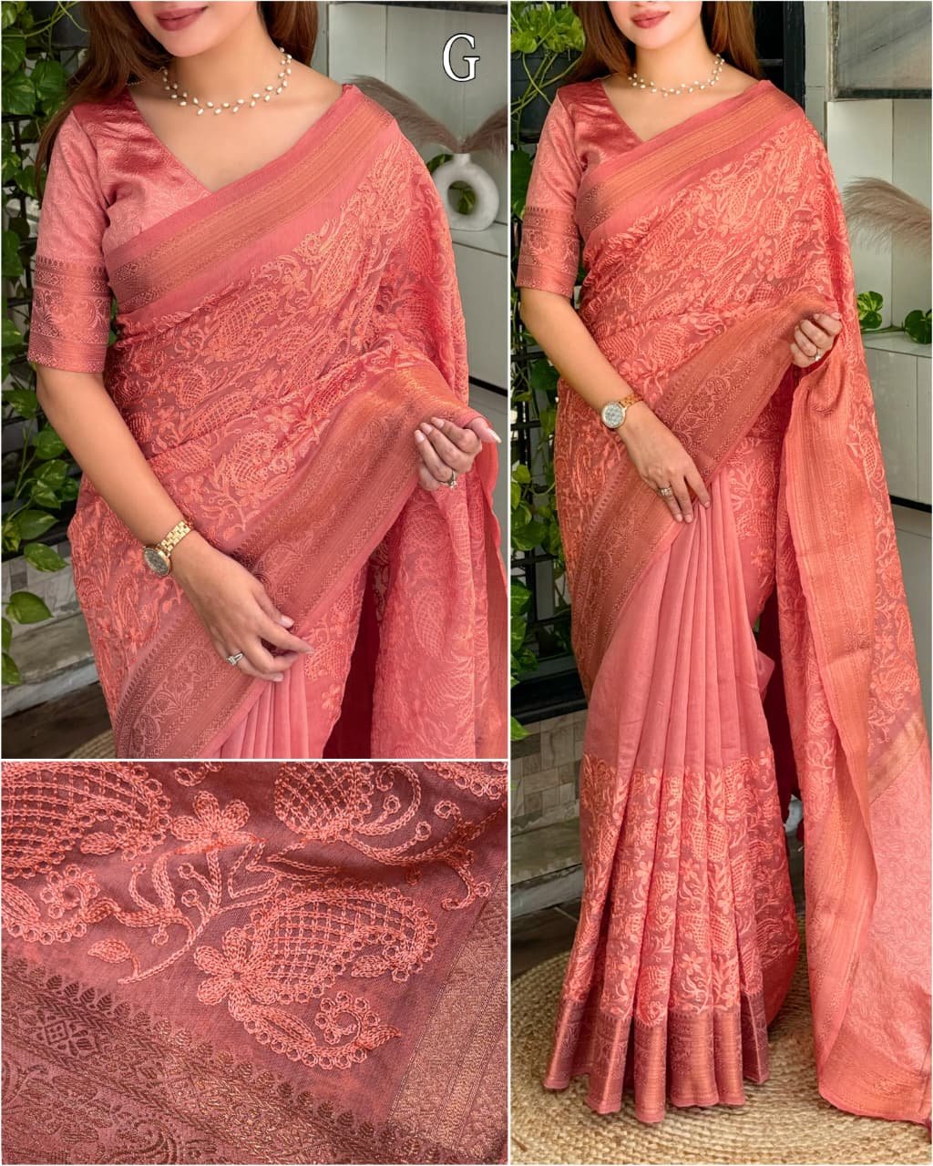 Premium Linen Cotton Chikankari Style Embroidered Saree with Zari Weaving Border