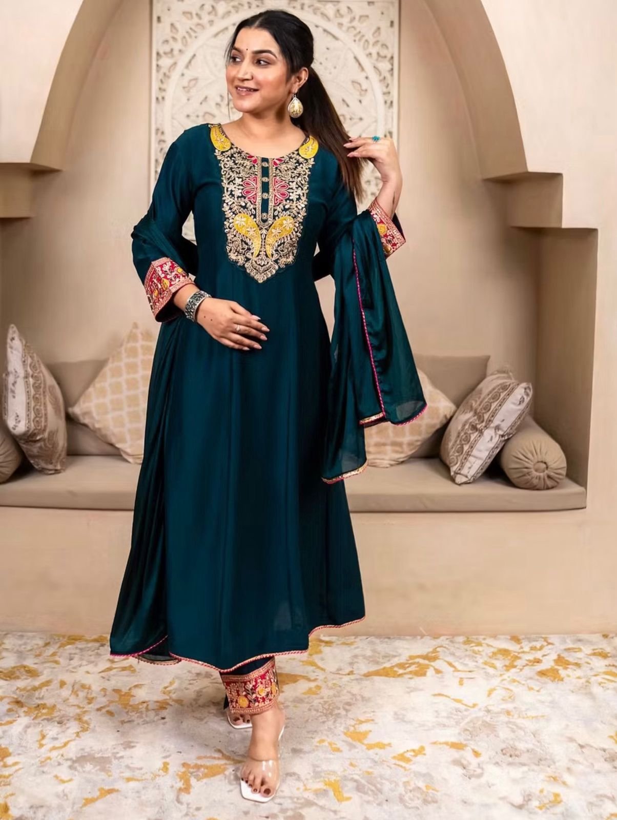 Premium Vichitra Silk Designer Kurta Pant Set with Exquisite Embroidery & Matching Dupatta