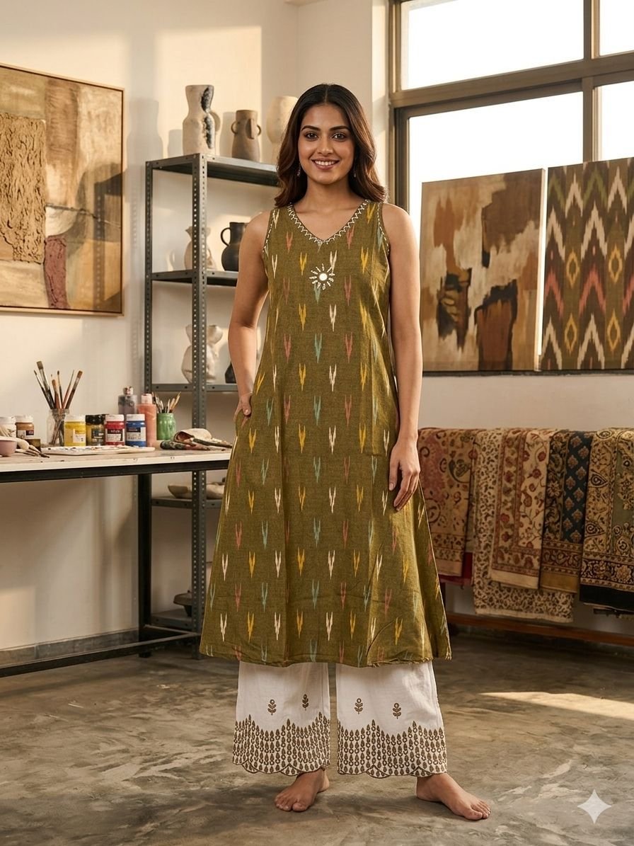 Premium Pure Ikkat Cotton A-Line Kurti and Embroidered Palazzo Set