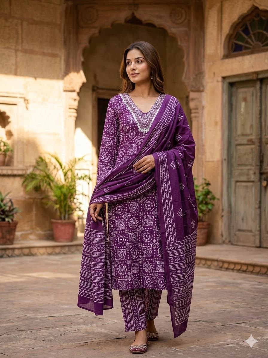 Premium Pure Jaipuri Mulmul Cotton Bandhani Print Kurti Pant Set with Dupatta