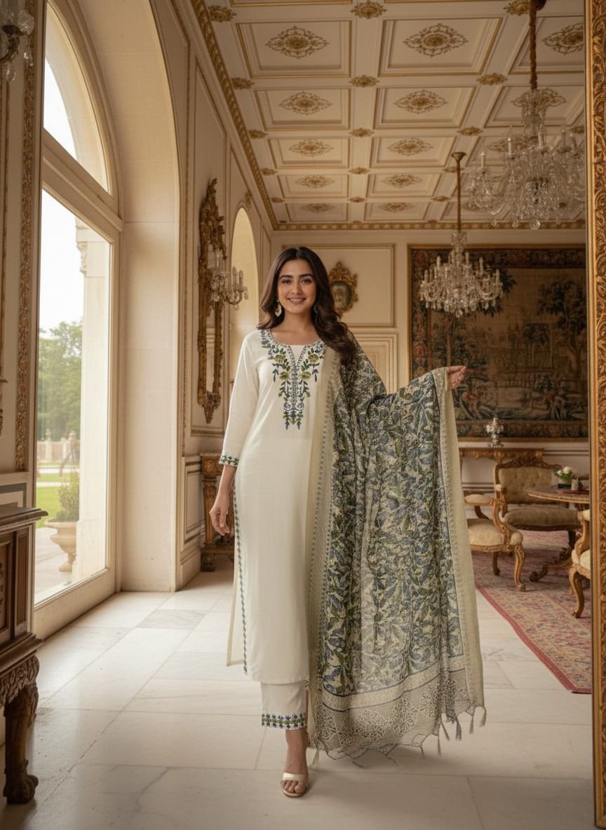 Premium Khadi Cotton Embroidered Kurti Pant Set with Bhagalpuri Print Dupatta