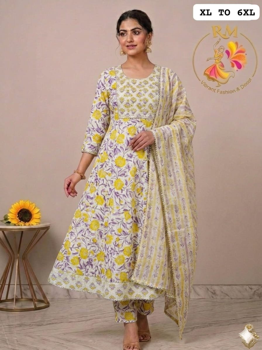 Premium Pure Cotton Anarkali Kurti Pant Set with Gota Patti Work & Designer Dupatta
