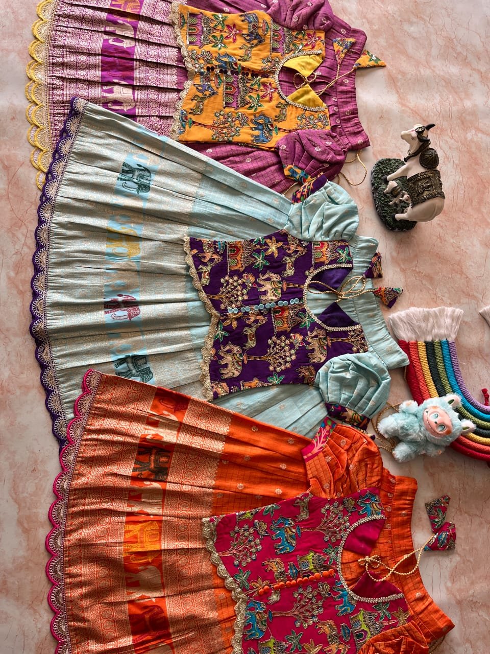 Gaja-Utsav Kids Tissue Checks Lehenga Set with 3D Elephant Weaving