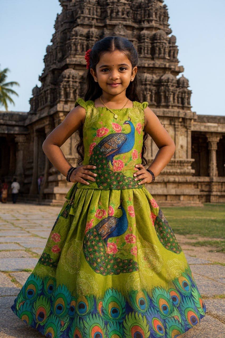 Vibrant Peacock Feather Digital Print Lehenga Choli for Girls