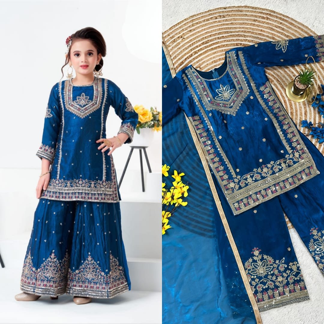 Royal Blue Fendi Silk Kids Sharara Set with Sequence Embroidery