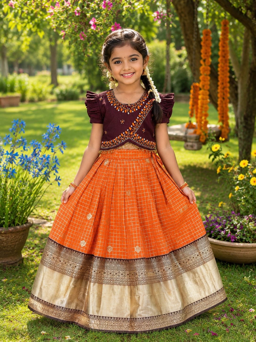 Pure Mono Silk Kids Lehenga with Handcrafted Maggam Work