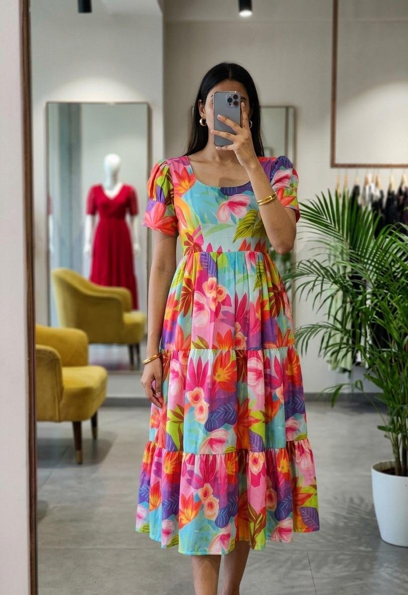 Floral Bliss Tiered Cotton Midi Dress with Puff Sleeves