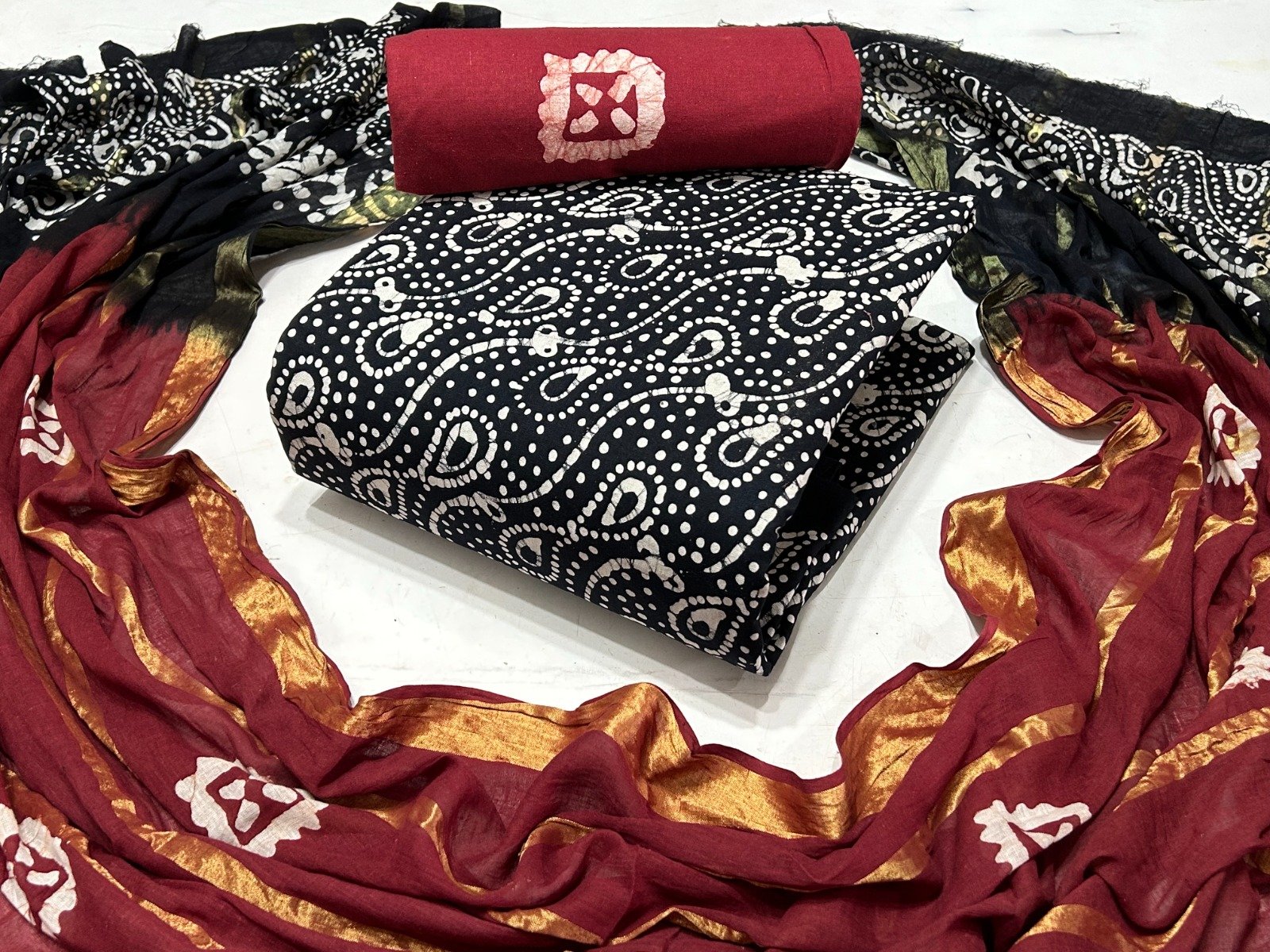 Authentic Hand-Block Batik Print Cotton Unstitched Suit Set