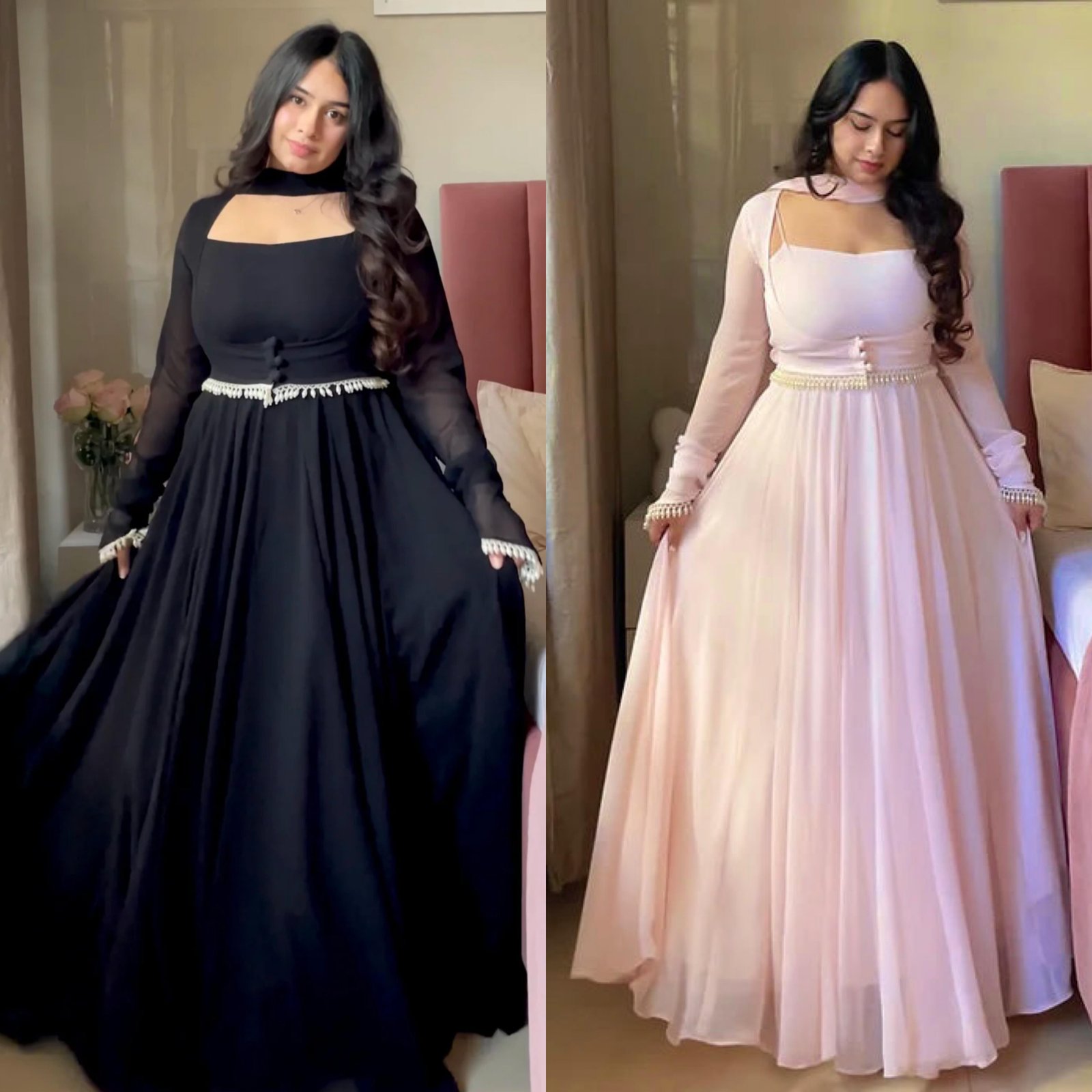 Celestial Faux Georgette Maxi Anarkali Set with Pearl-Lace Shrug