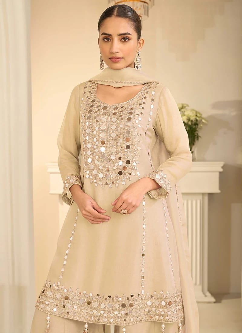 Sayuri Shimmer Silk Real Mirror Work Palazzo Suit Set