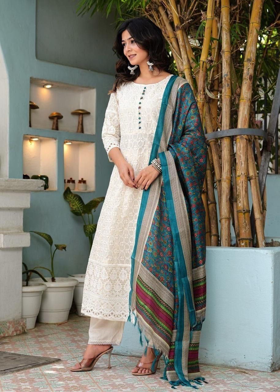 Ivory Grace Cotton Chikankari Suit with Digital Chanderi Dupatta