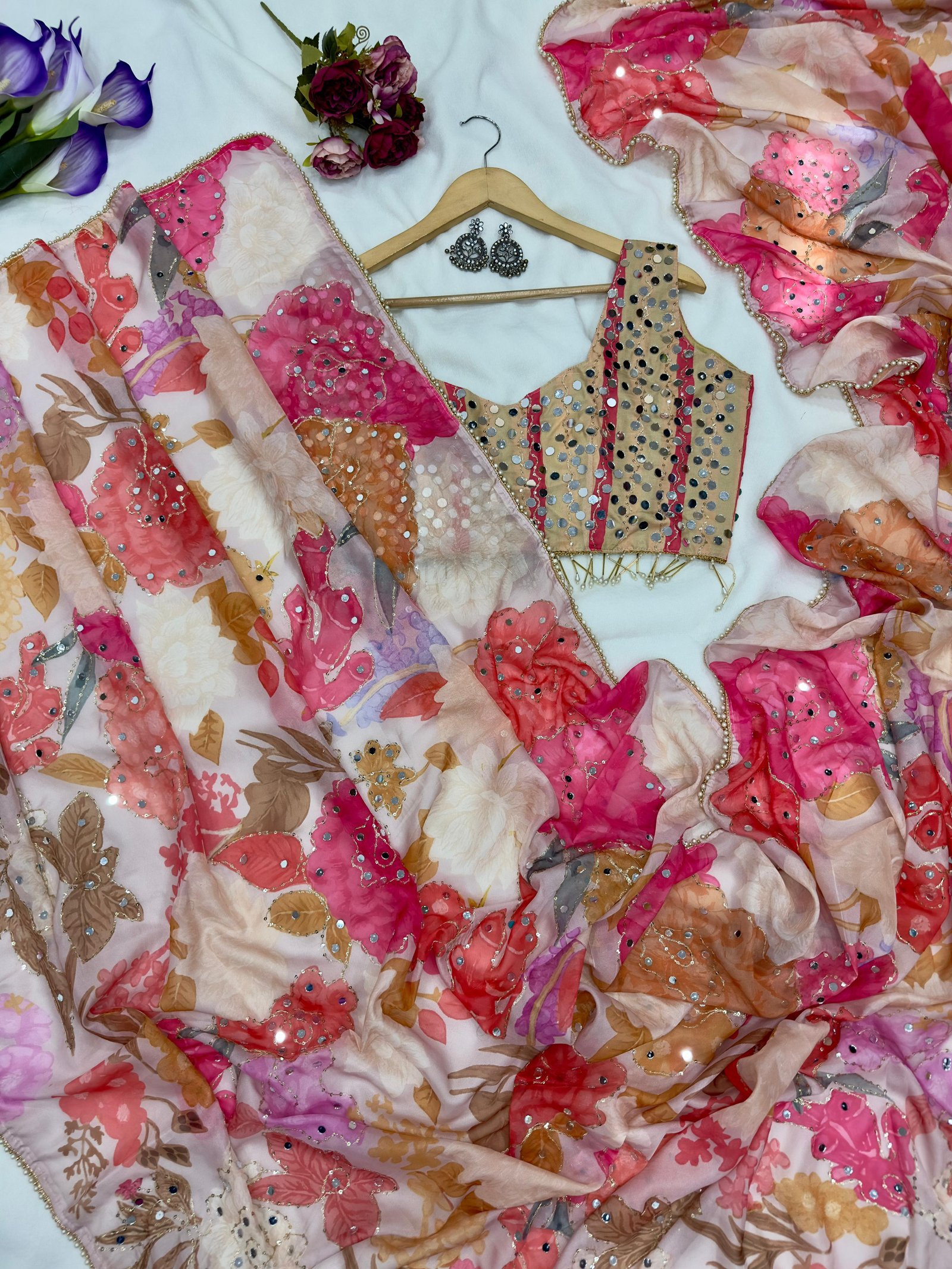 Tara Floral Tebby Silk Saree with Real Mirror-Work Designer Blouse