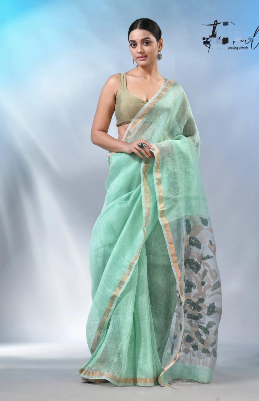 Handloom Silk-By-Linen Saree with Woven Muslin Artistry