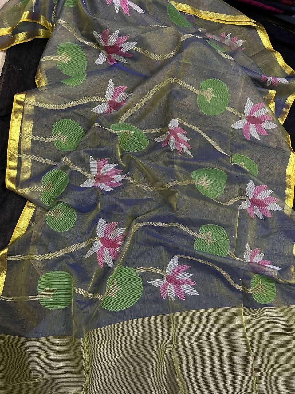 Premium Semi-Pure Muslin Saree with All-Over Lotus Zari Jaal and Elegant Border