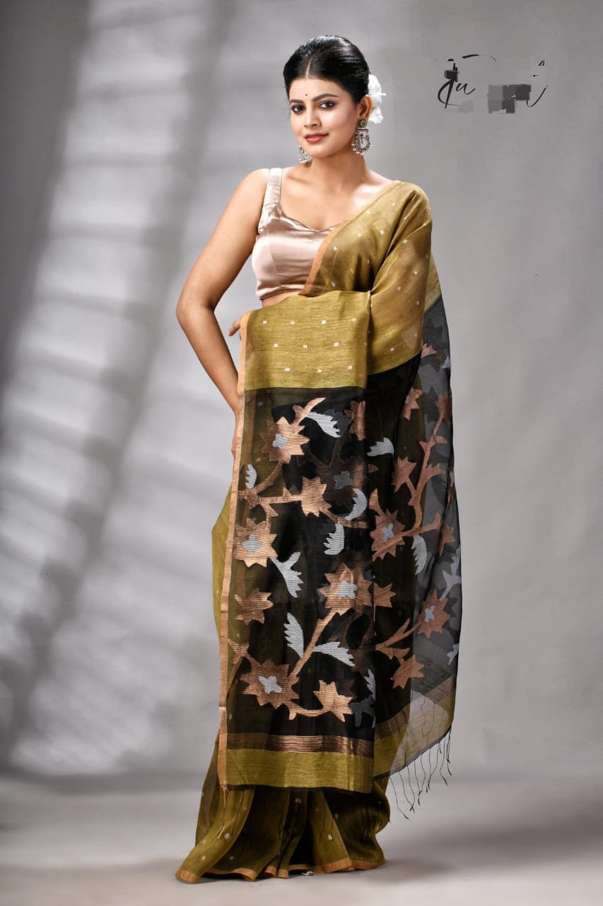 Premium Silk Linen Saree with Contrast Muslin Pallu and Intricate Floral-Geometrical Weaving