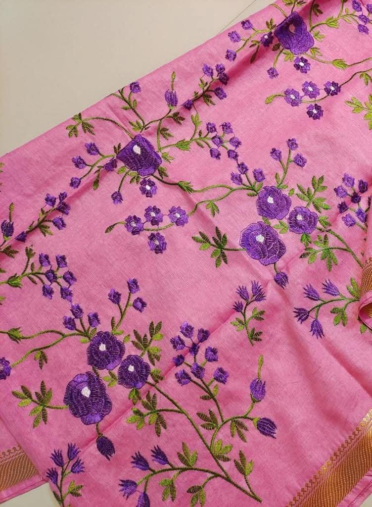 Premium Pure Linen Saree with All-Over Floral Thread Embroidery and Sleek Zari Border