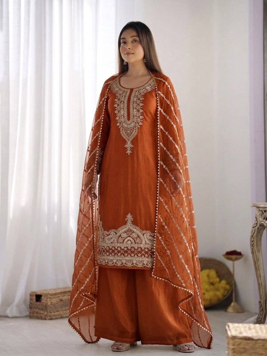 Designer Pure Fendy Silk Party Wear Suit Set | Heavy Embroidery & Beads Work Kurta with Flared Palazzo and Sequined Dupatta (3-Piece Set)