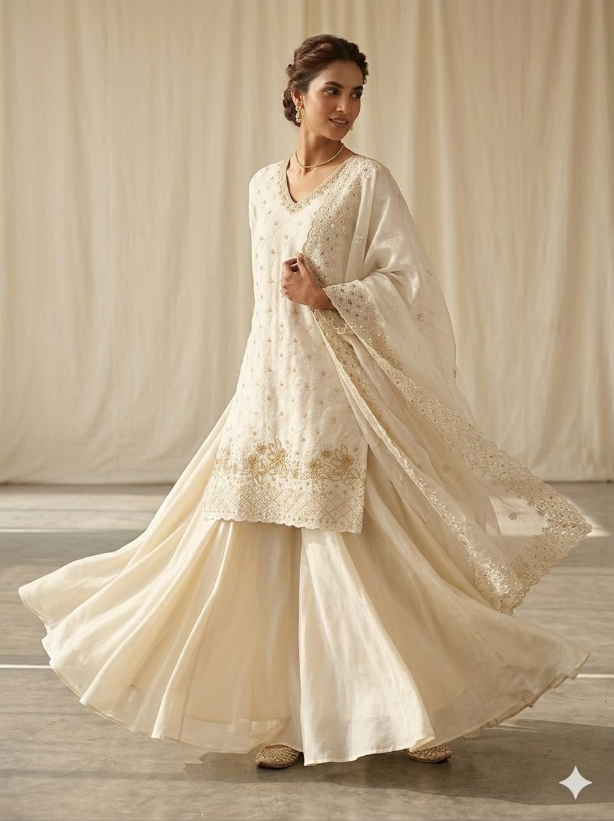 Classic Off-White Beads & Sequence Work Kurti Palazzo Set with Dupatta