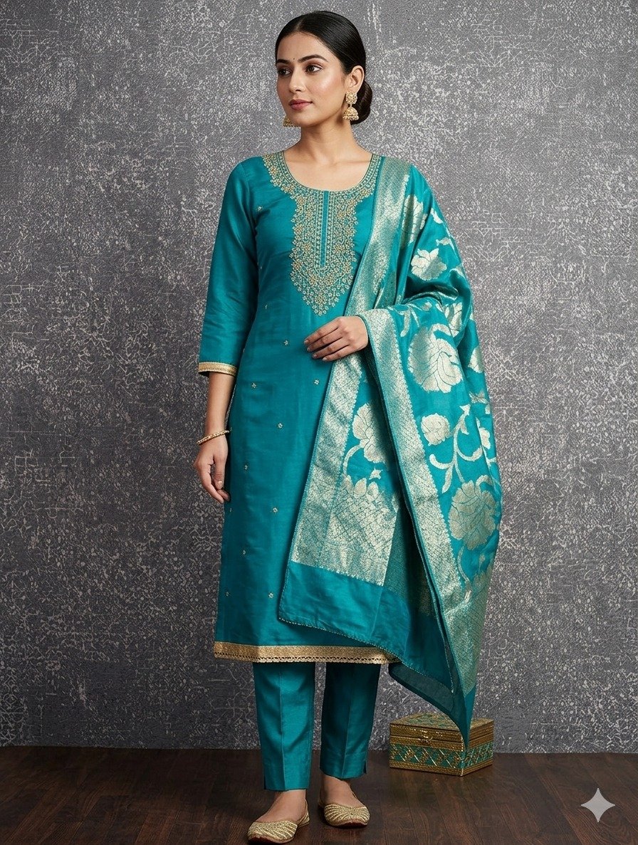 Premium Roman Silk Embroidered Unstitched Suit Set with Jacquard Dupatta