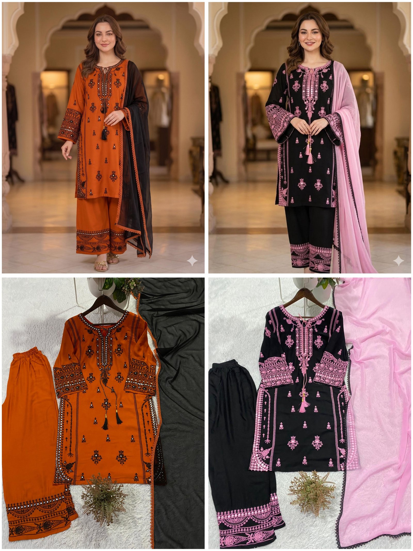 Premium Rayon Embroidered Kurti Palazzo Set with Mirror-Work Effect