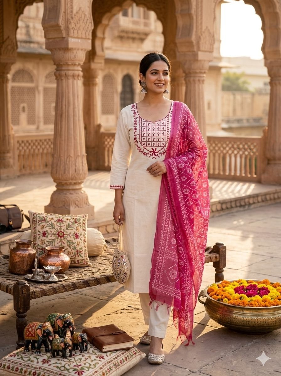 Premium Heavy Viscose Hand-Embroidered Kurti Pant Set with Woven Dupatta