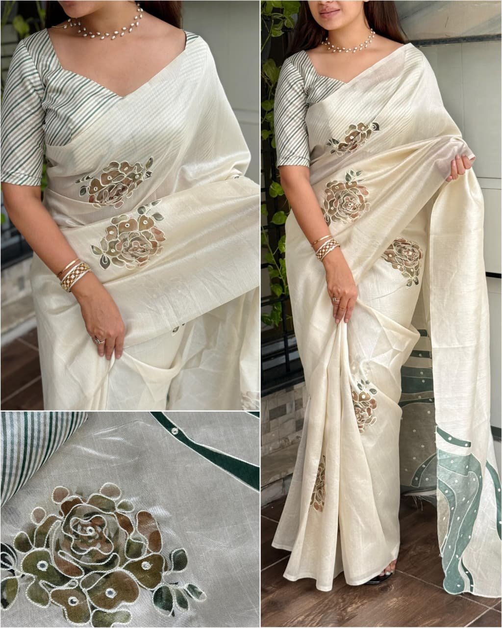 Premium Pure Tussar Linen Hand-Embroidered Saree with Mirror Work
