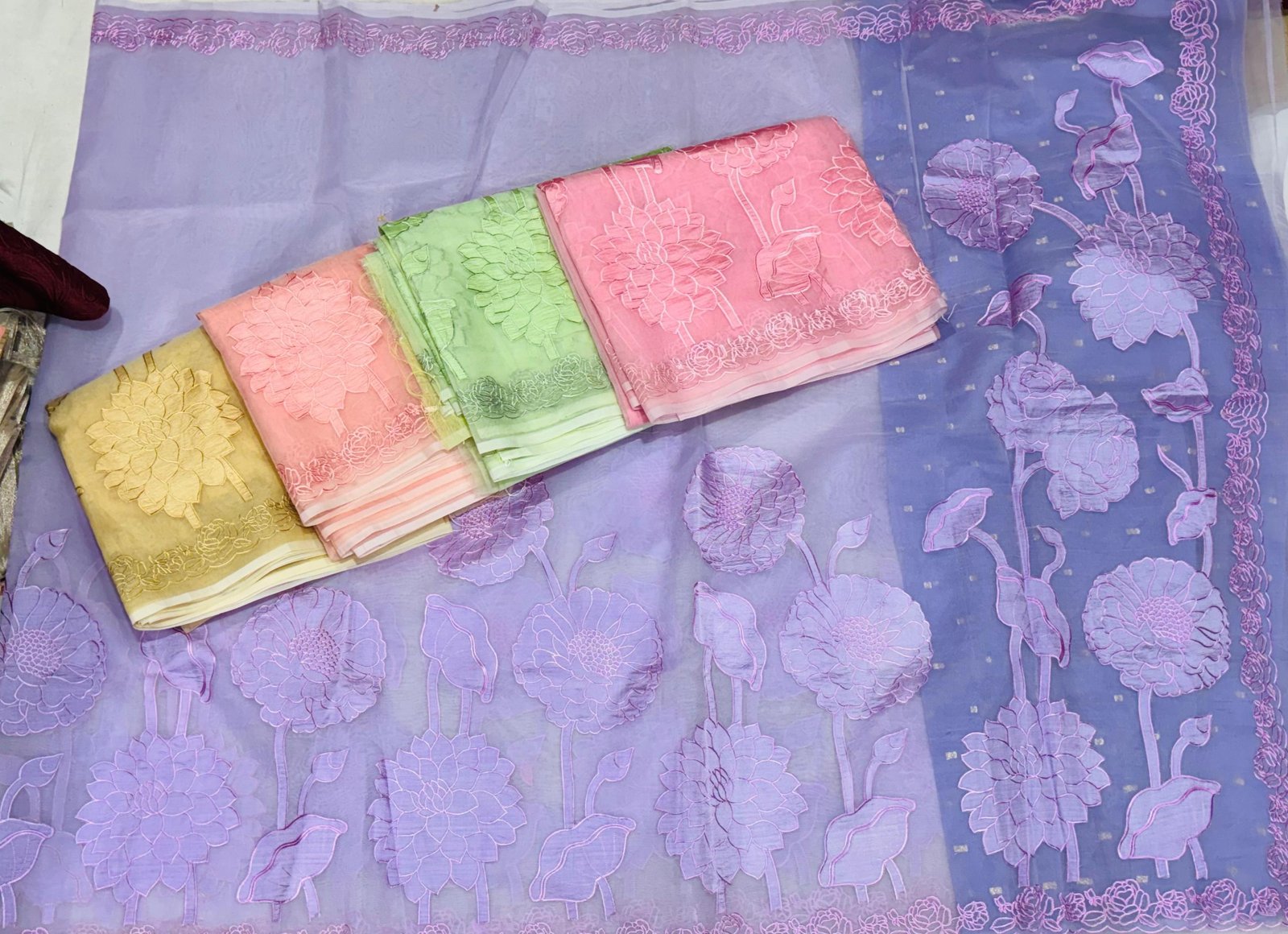 Premium Kora Silk Saree with Elegant Floral Applique Work Code !! B.H.C.