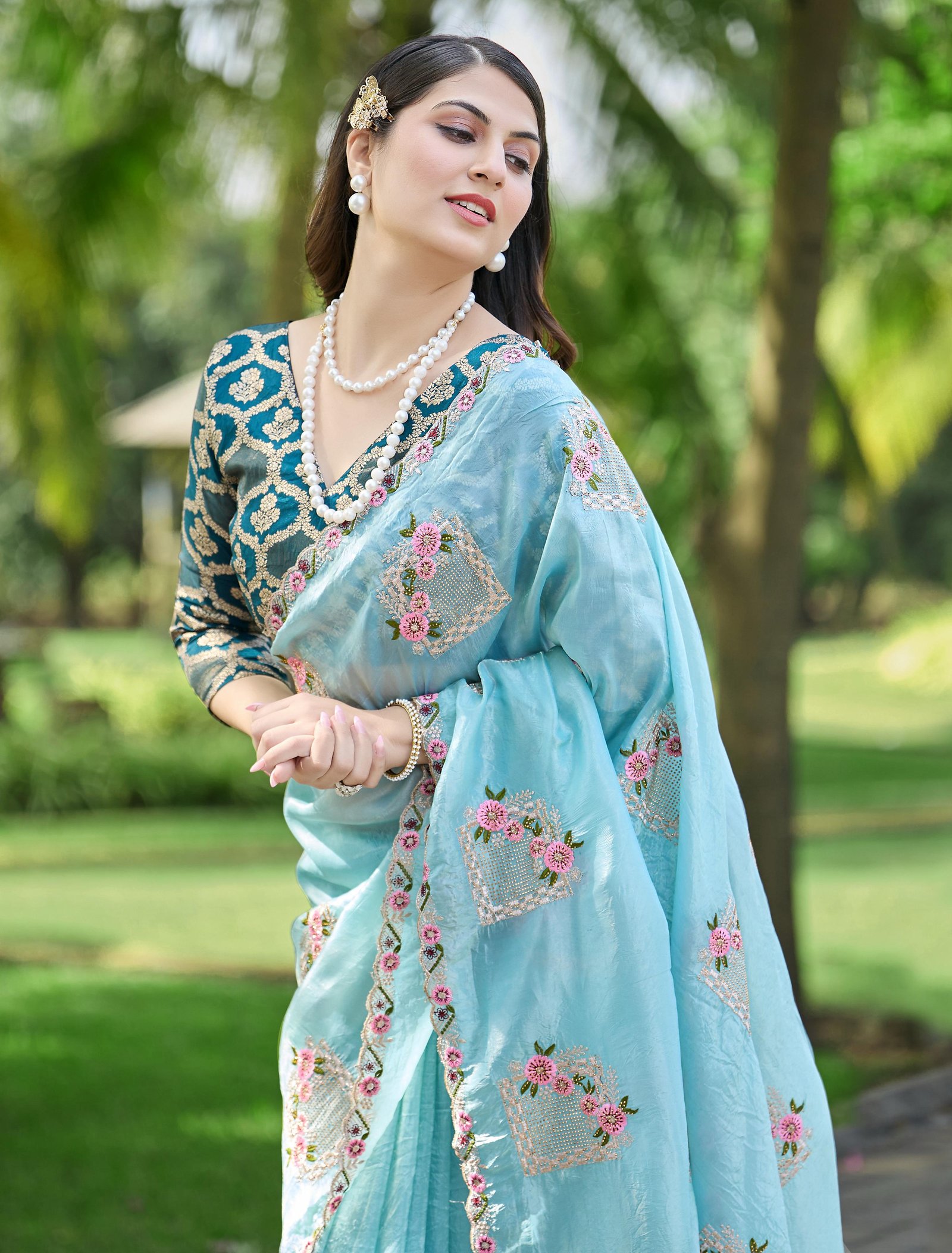 Pure Paper Silk Crush Saree with Floral Embroidery, Swarovski Work & Banarasi Silk Blouse Piece Code-A.F.