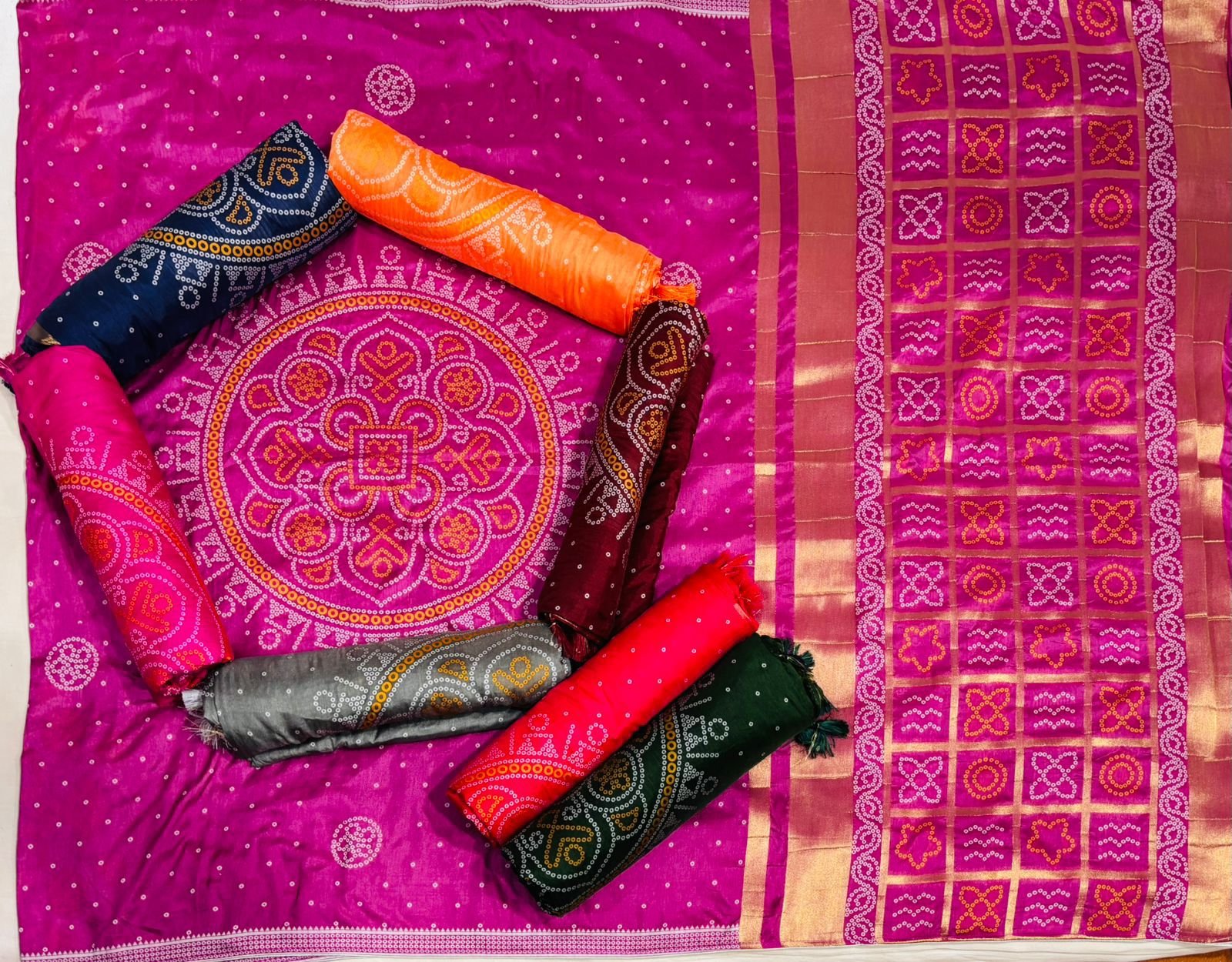 Premium Dola Katan Silk Bandhani Saree with Traditional Zari Border and Pallu Code !! B.H.C.