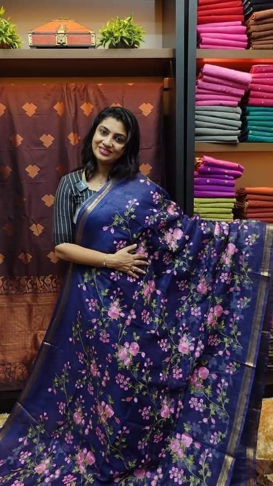 Premium Pure Linen Silk Saree with Elegant Floral Embroidery and Metallic Zari Pallu Code !! K.S.M.