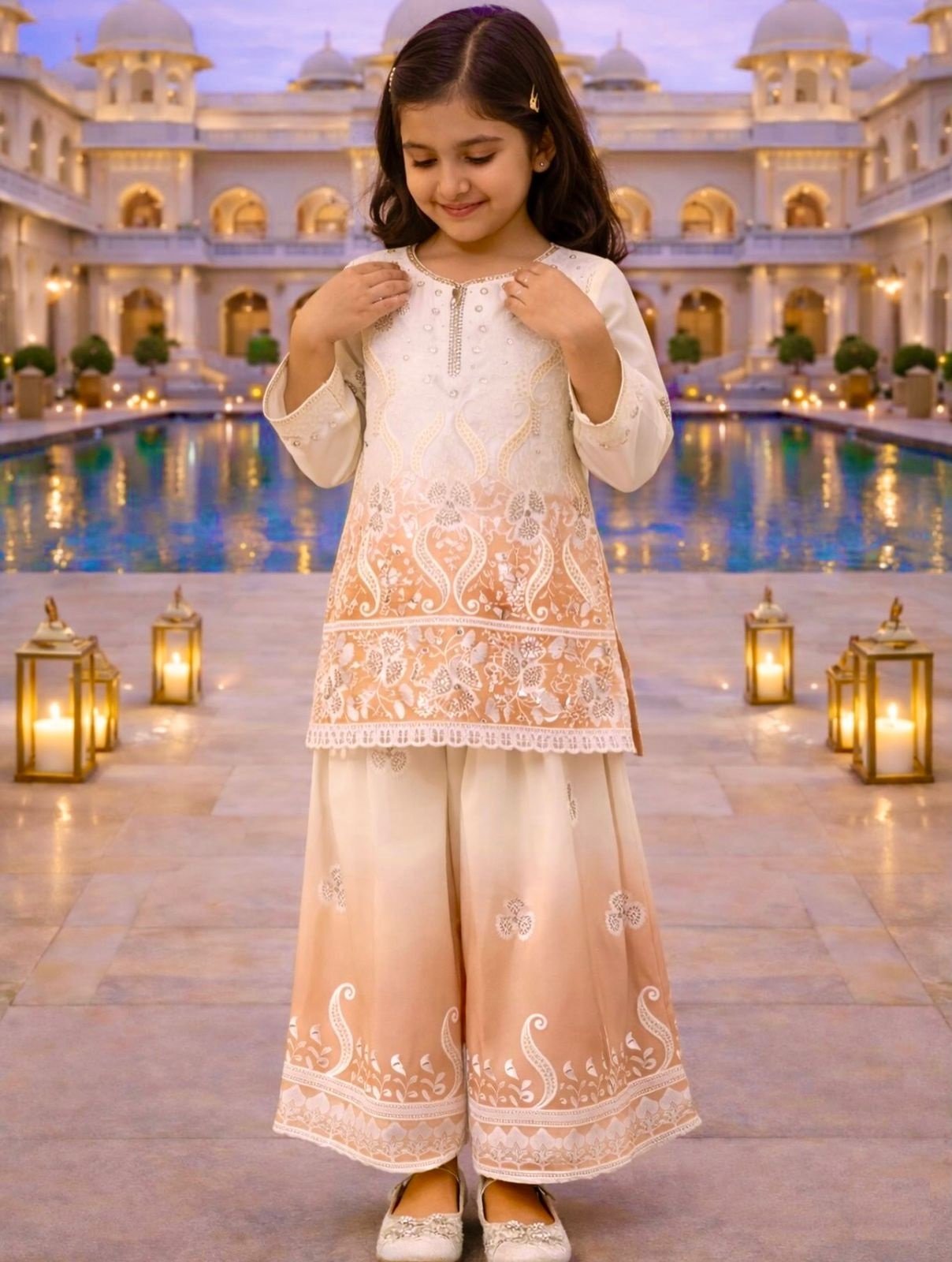 Premium Festive Ombre Crepe Palazzo Set for Girls – Heavy Embroidery & Sequin Work Kids Ethnic Wear Suit Code-D.S.K.W.  