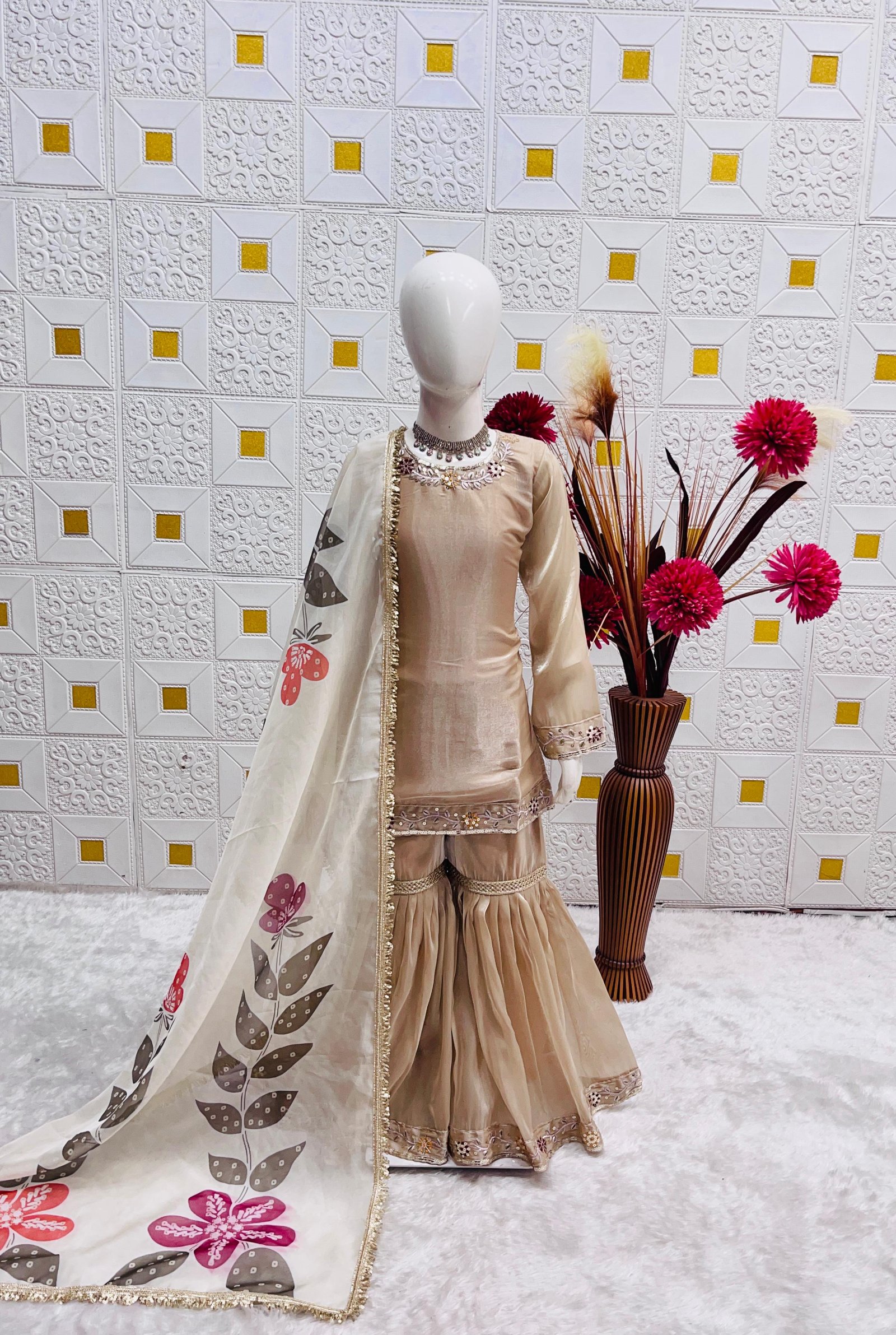 Girls Designer Jimmy Choo Silk Sharara Suit Set – Kids Heavy Embroidered Sequin Kurti, Flared Sharara & Floral Printed Dupatta Boutique Party Wear Code-D.S.K.W.