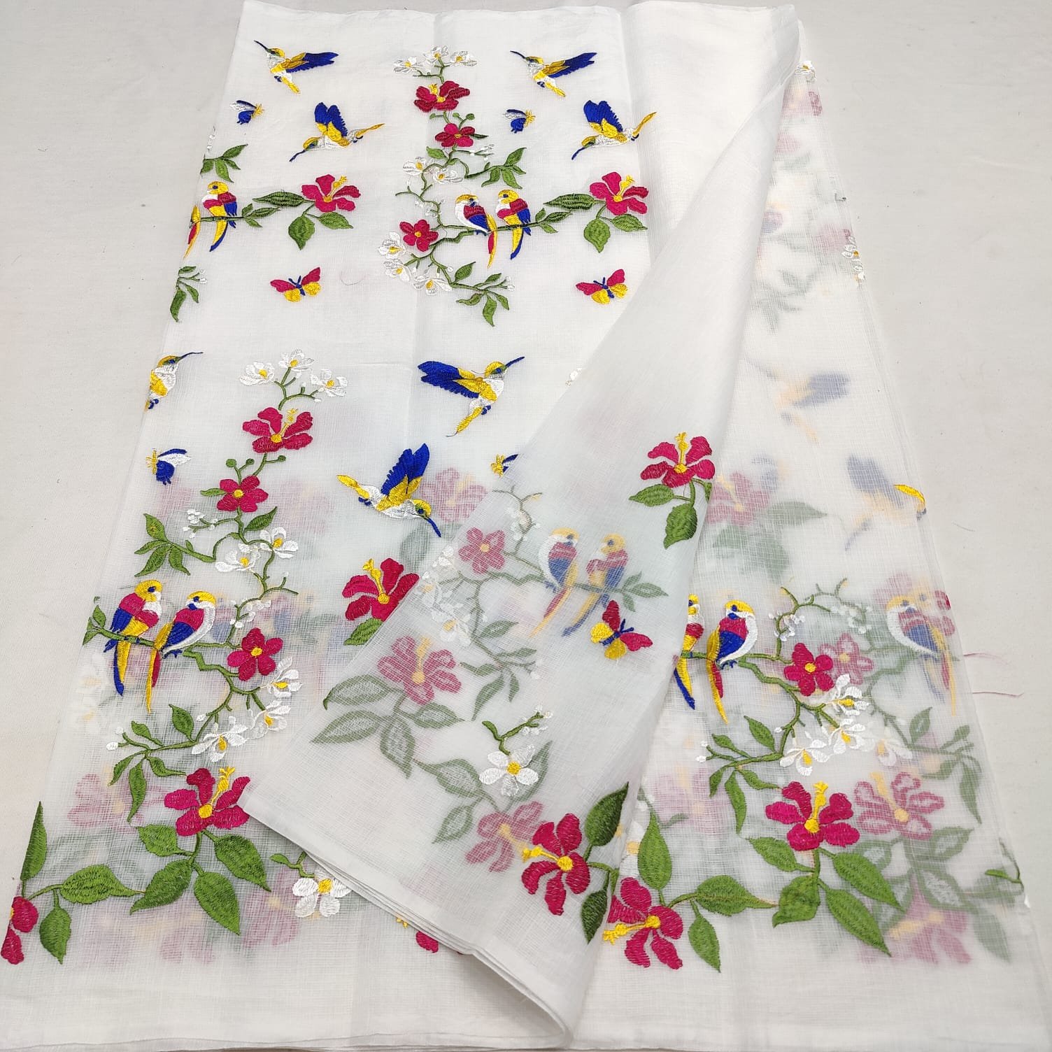 Premium Kota Doria Mix Cotton Saree with Festive Computerized Floral and Bird Embroidery – Elegant Lightweight Ethnic Wear with Blouse Piece Code !! K.S.M.