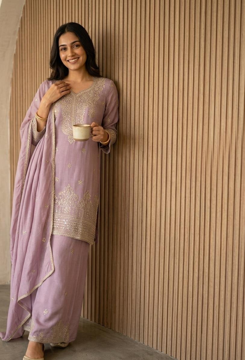Elegant Zazu Silk Embroidered Palazzo Suit Set Code !! F.B.S.S.