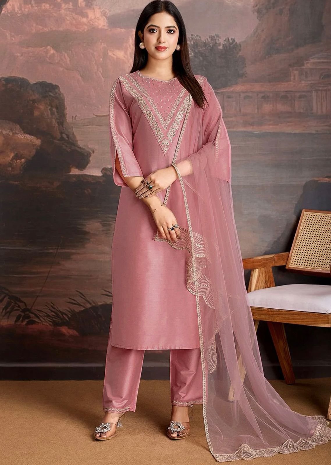 Heavy Roman Silk Straight Kurta Pant Set with Embroidered Organza Dupatta Code !! F.B.K.