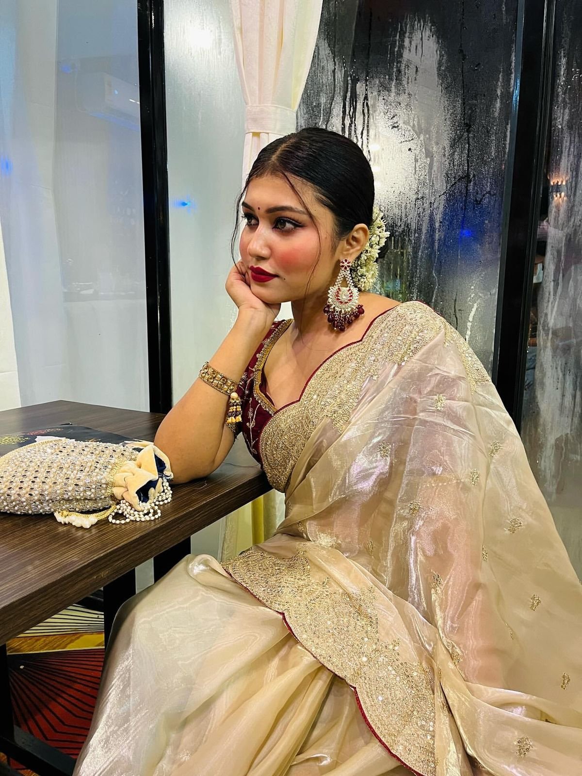 Champagne Glamour Jimmy Choo Silk Saree with Stitched Corset Blouse Code-D.S.S.