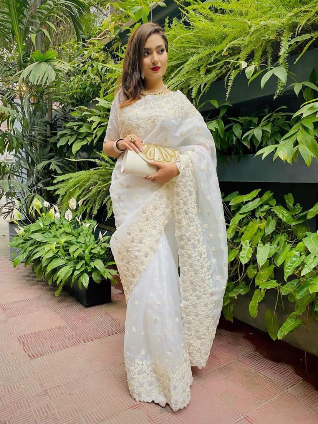Aura Souk Premium Floral Khadi Organza Saree With Detailed Moti & Embroidery Work code!! F.B.S.