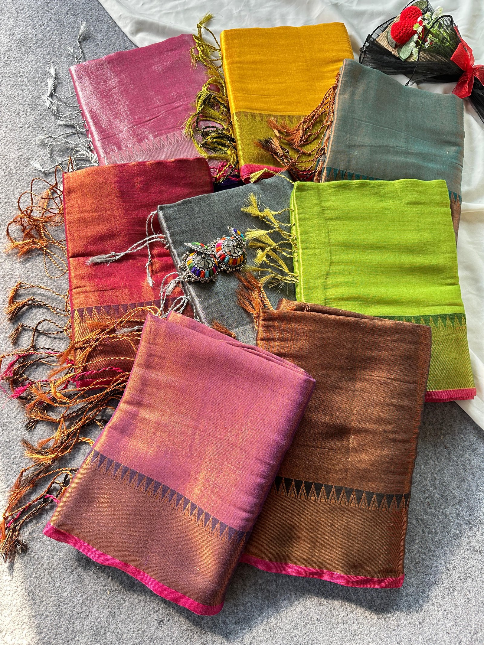 Classic Tissue Cotton Tussar-Style Saree with Traditional Temple Border & Tassels  Code !! F.B.S.