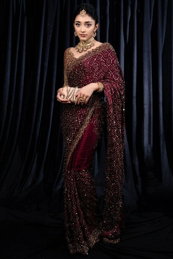 Royal Wine Kasturi Georgette Saree with Heavy Dori, Zari, and Sequins Embroidery Code-D.S.S