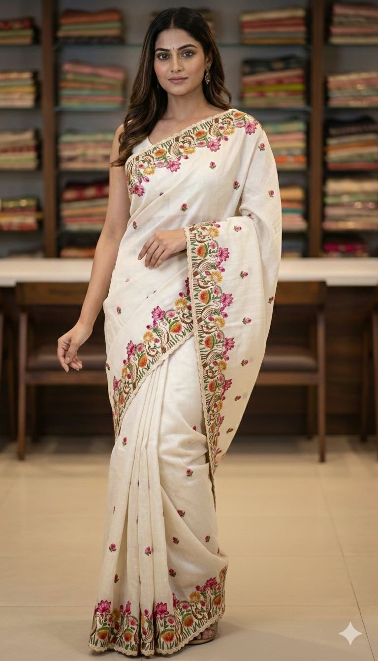 Classic Handloom Beige Saree with Nature-Inspired Floral & Bird Motif BorderCode-D.S.S. 